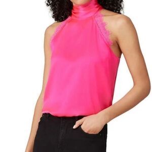 Generation Love Alyssa Halter Hot Pink Silk Top High Neck Lace Large L